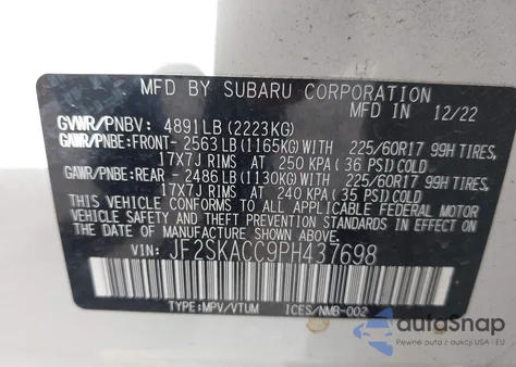 2023 Subaru Forester z USA, uszkodzony, nr VIN JF2SKACC9PH437698